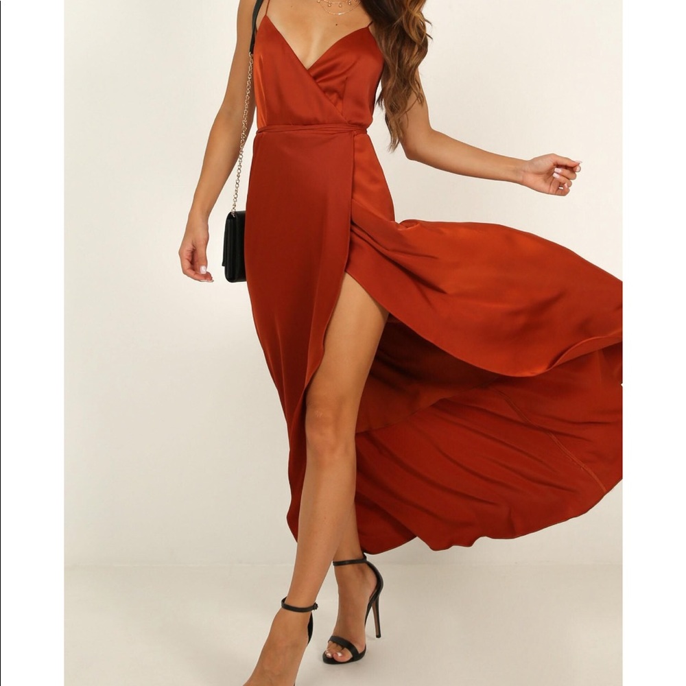 Satin Maxi Wrap Dress in Copper